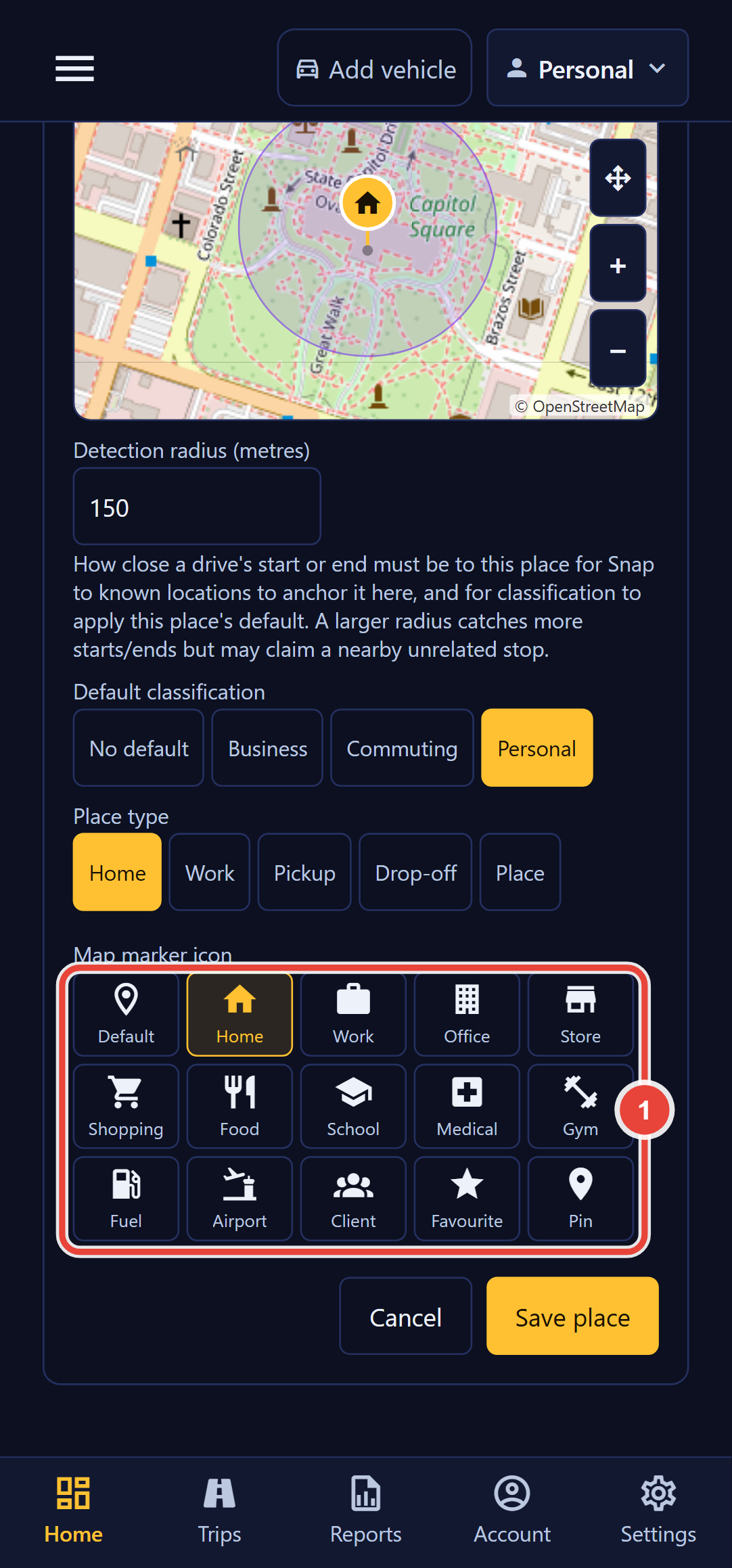 The lower half of the Edit place form in Backbuild Miles. The map with the house marker and its radius ring sits at the top, then the Detection radius field set to 150. Default classification offers No default, Business, Commuting and Personal, with Personal selected. Place type offers Home, Work, Pickup, Drop-off and Place, with Home selected. Callout 1 marks the Map marker icon grid of fifteen icons in three rows, Default, Home, Work, Office, Store, Shopping, Food, School, Medical, Gym, Fuel, Airport, Client, Favourite and Pin, with Home selected. Cancel and Save place buttons sit at the bottom.