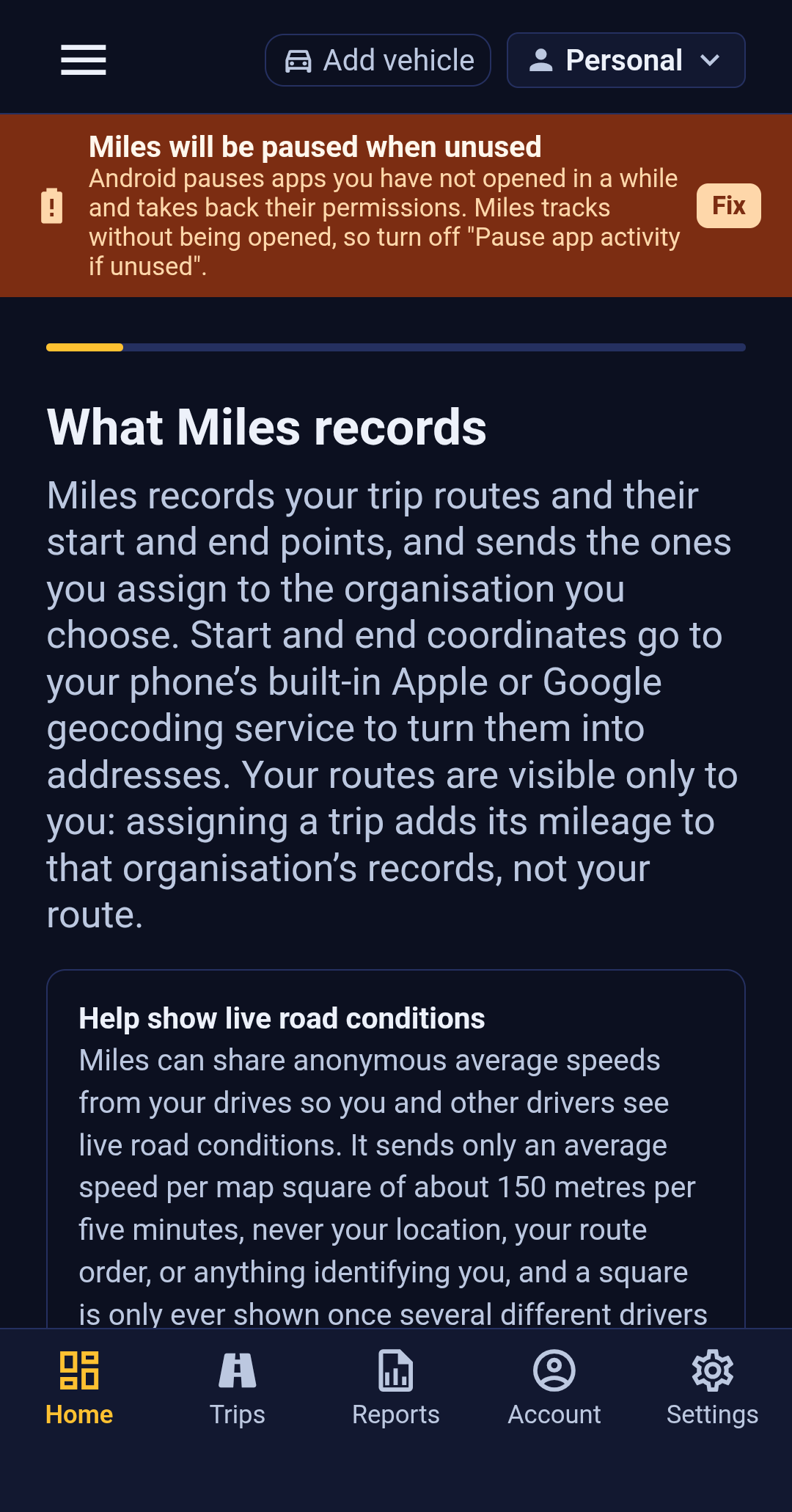The What Miles records stage of the Backbuild Miles setup wizard. The main text explains that Miles records trip routes and their start and end points and sends the ones you assign to the organization you choose, that start and end coordinates go to the phone's built-in Apple or Google geocoding service to turn them into addresses, and that your routes are visible only to you. Below it a separate bordered panel headed Help show live road conditions explains the anonymous road-speed contribution and carries its own switch.