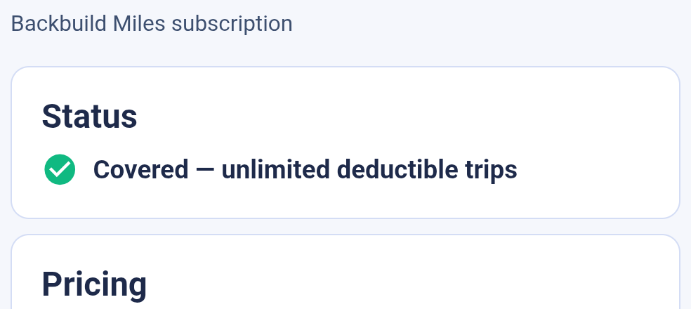 The Backbuild Miles subscription status card after purchase, showing a green check and the words Covered, unlimited deductible trips, replacing the earlier free-plan status.