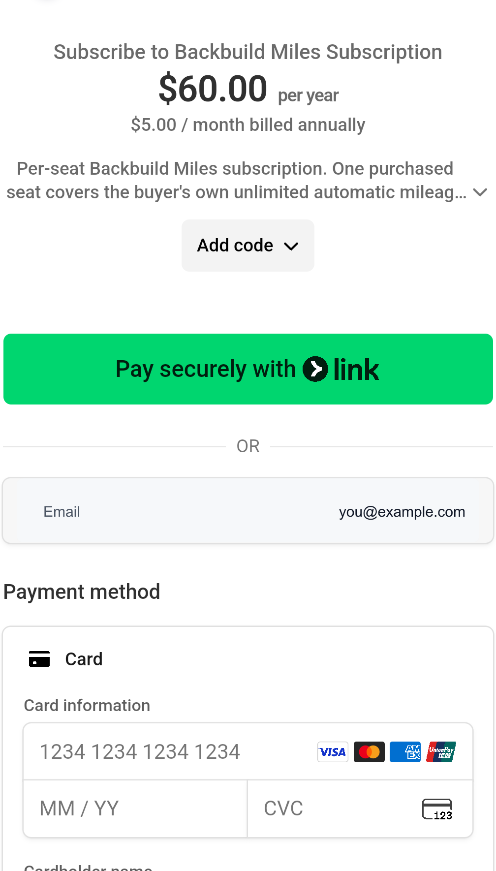 The Stripe secure checkout page for the Backbuild Miles subscription, headed Subscribe to Backbuild Miles Subscription at sixty dollars per year, with a fast pay option, an email field, and a Payment method section with card number, expiry and security code fields.
