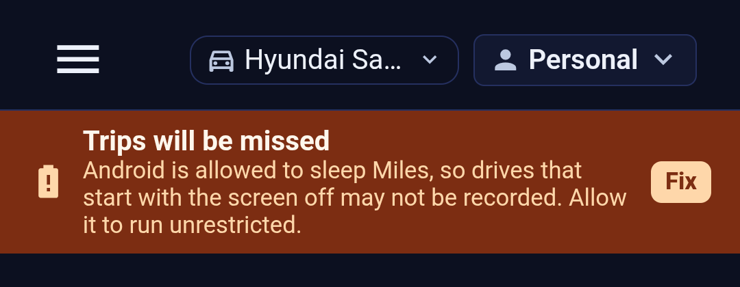 A Backbuild Miles screen with an orange warning banner directly under the top bar. The banner reads Trips will be missed, followed by the explanation that Android is allowed to sleep Miles so drives that start with the screen off may not be recorded, and a Fix button on the right.