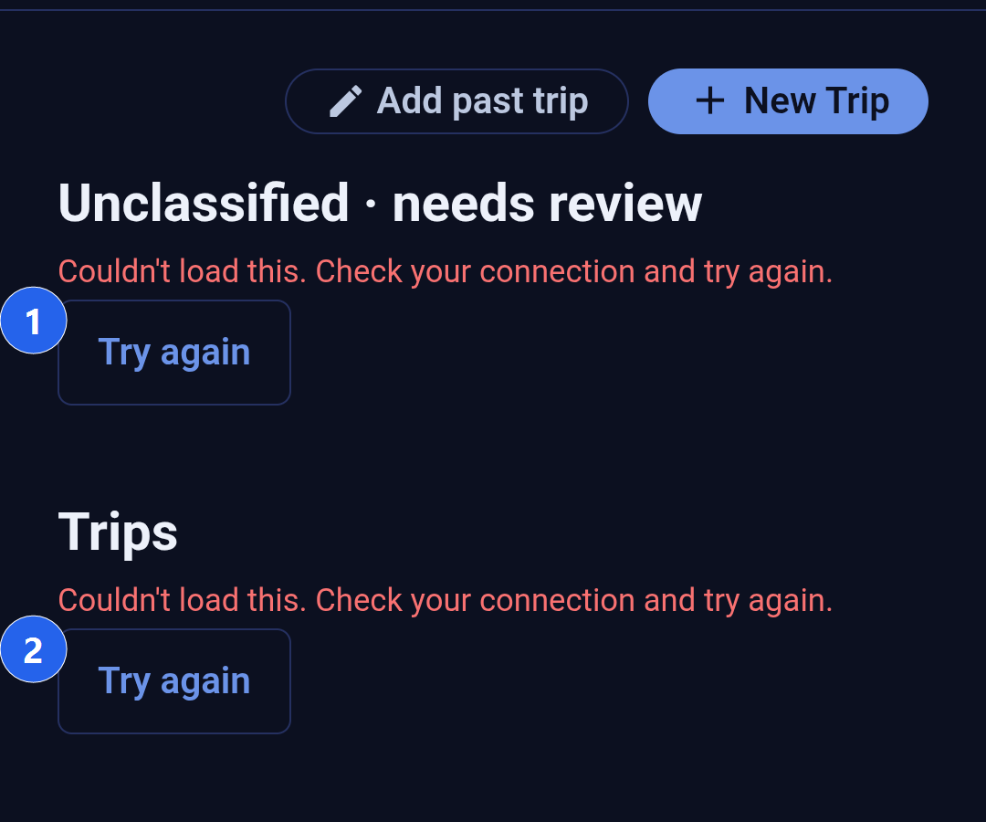 The Backbuild Miles Trips tab with no connection. Callout 1 marks the Unclassified, needs review heading with no count beside it, the message Couldn't load this. Check your connection and try again, and a Try again button. Callout 2 marks the same message and button under the Trips heading.
